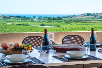 External dining area with two bottles of red wine